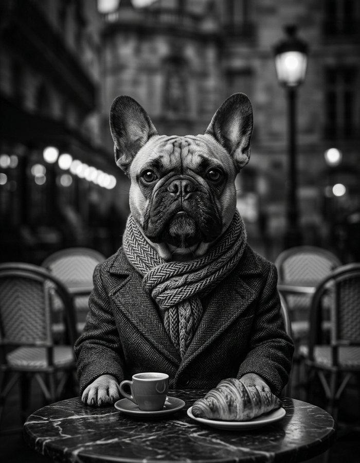 A black-and-white page: the same French bulldog in a tweed coat and scarf at a round marble café table on a city street at night, an espresso and a croissant in front of it