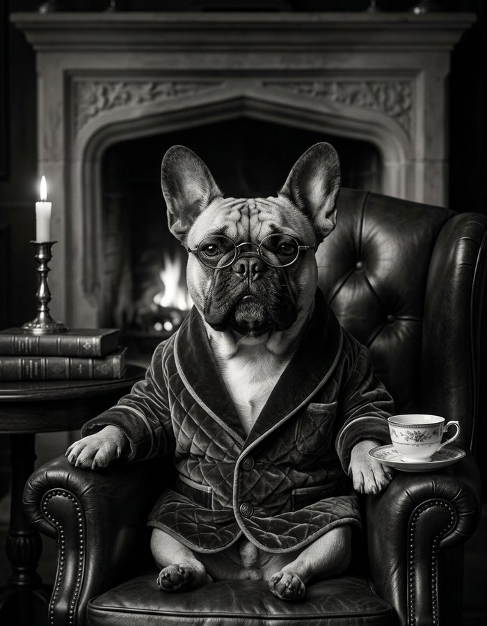 A black-and-white page: the same French bulldog in a quilted smoking jacket and round spectacles in a leather wing chair by a lit stone fireplace, a china teacup in its paw