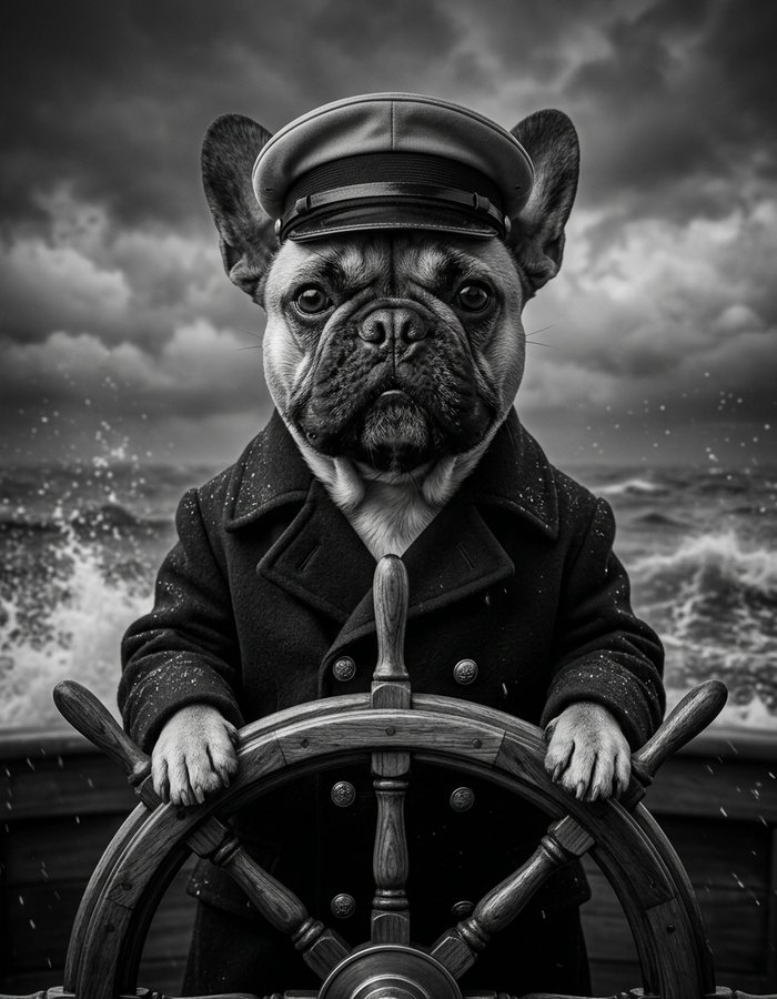 A black-and-white page: a French bulldog in a captain's coat and peaked cap at the wooden wheel of a ship, a stormy sea behind it