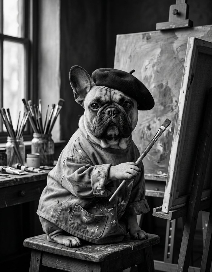 A black-and-white page: the same French bulldog in a paint-spattered smock and beret on a stool beside an easel, a brush in its paw, jars of brushes behind